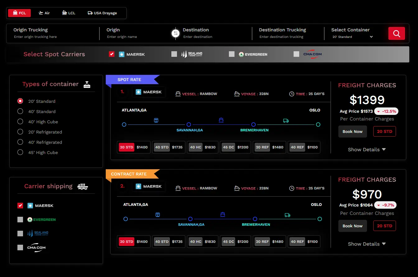 AI-Powered Freight Rate Comparison Dashboard – Spot vs Contract Rates | Cargorates.ai Freight rate comparison dashboard showing real-time spot and contract rates by carrier, container type, and route using the Cargorates.ai platform.